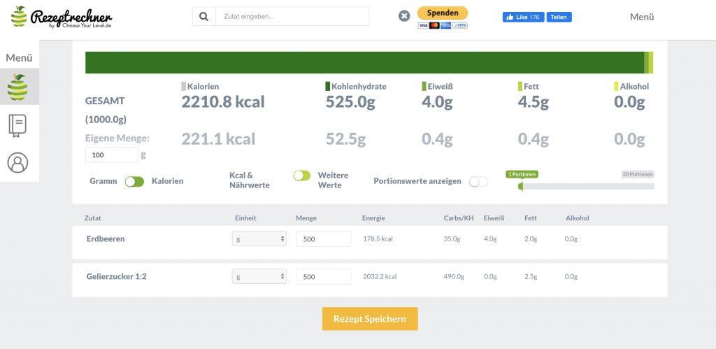 Kalorienrechner für Lebensmittel > Rezeptrechner