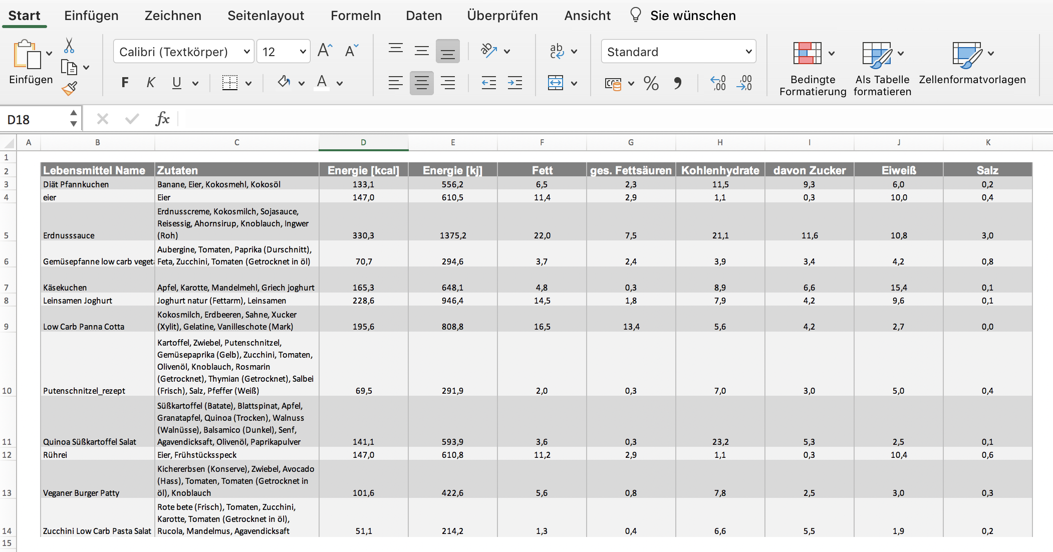 Liste Rezepte zum Nährwerte berechnen Excel