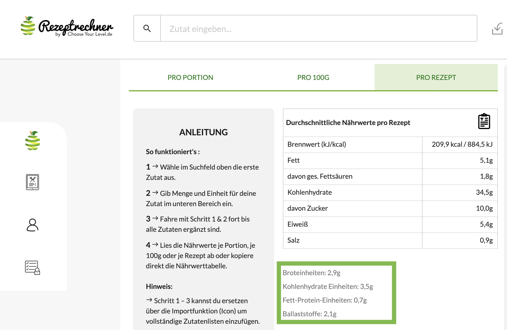 BE Berechnen BE Rechner für Rezepte