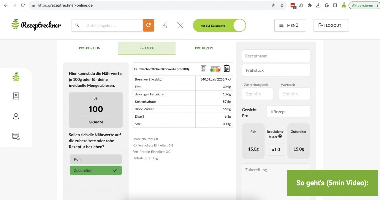 Nährwertrechner App mit Zugang zum Bundeslebensmittelschlüssel