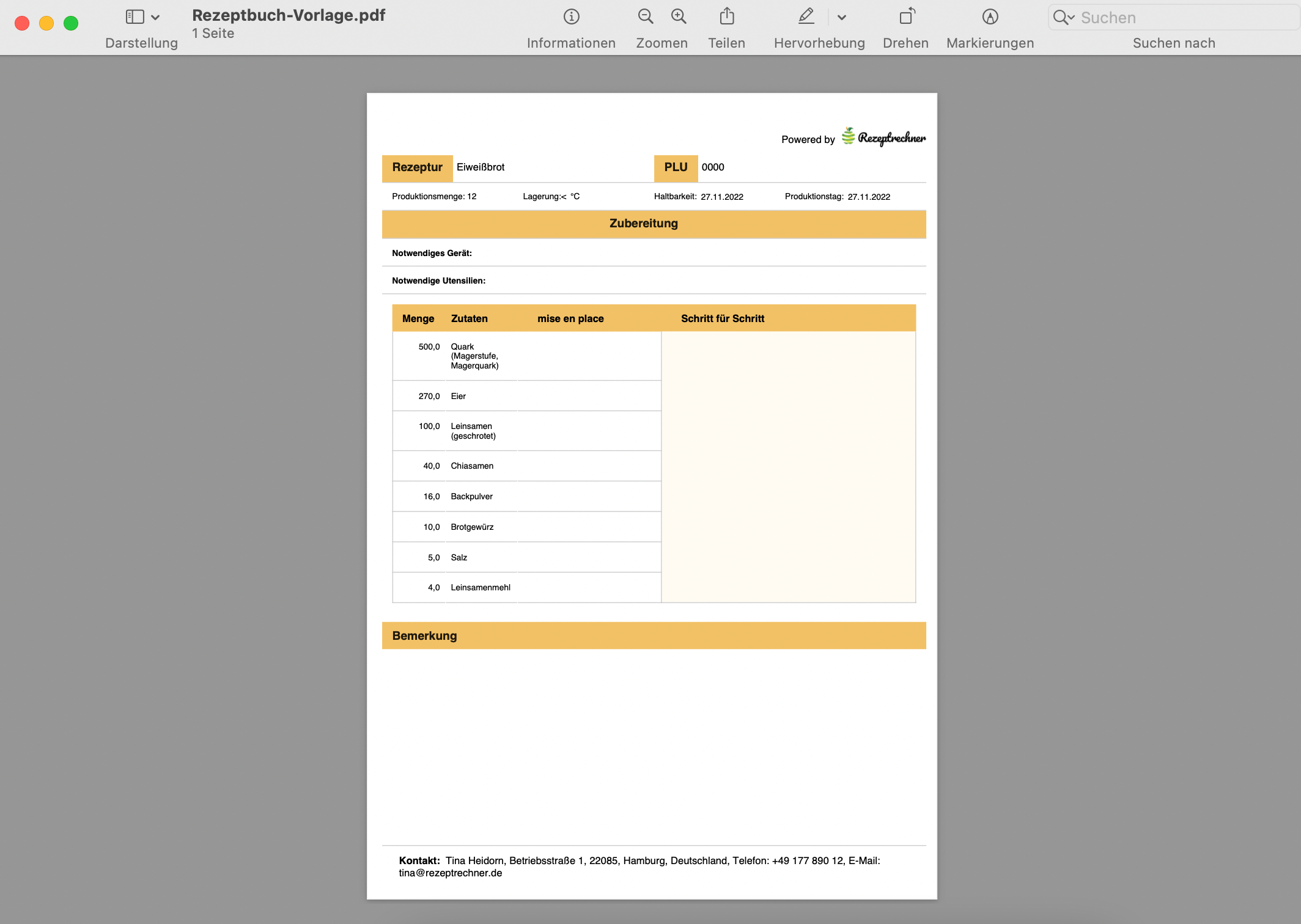 Rezeptbuch Vorlage zum ausdrucken als PDF