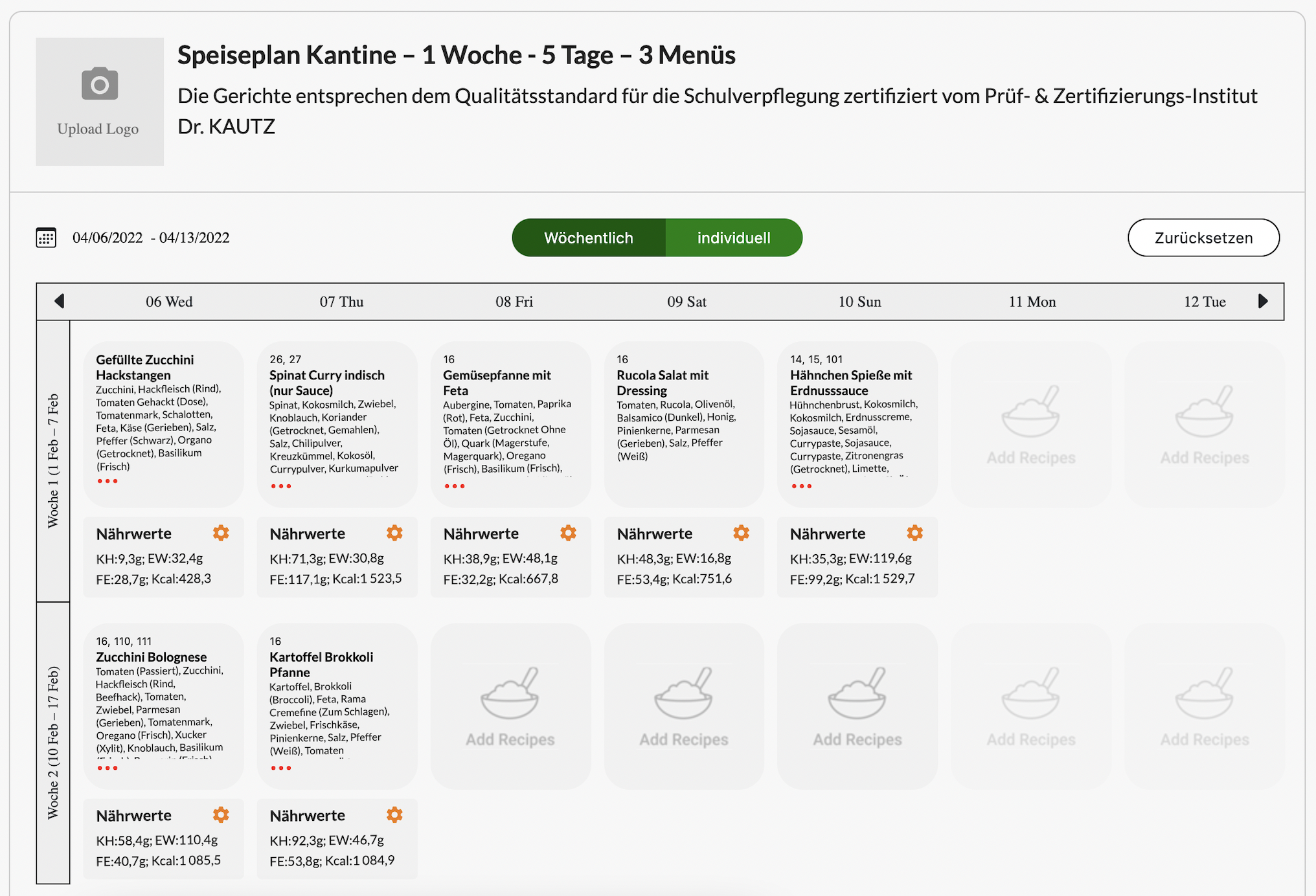 Speiseplan mit Produktbeschreibung Speiseplan Muster mit Lebensmittel Beschreibung