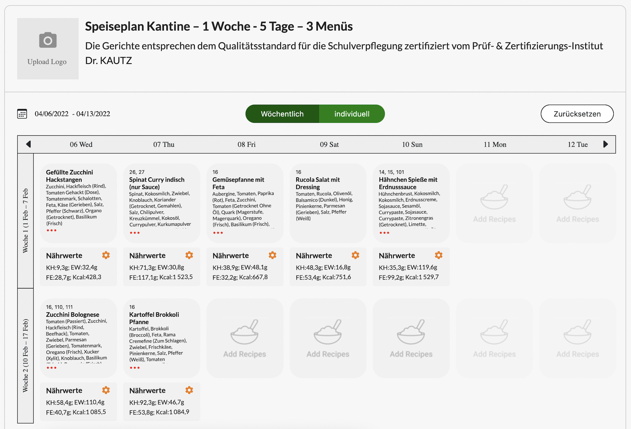 Speiseplan Muster mit Lebensmittel Beschreibung