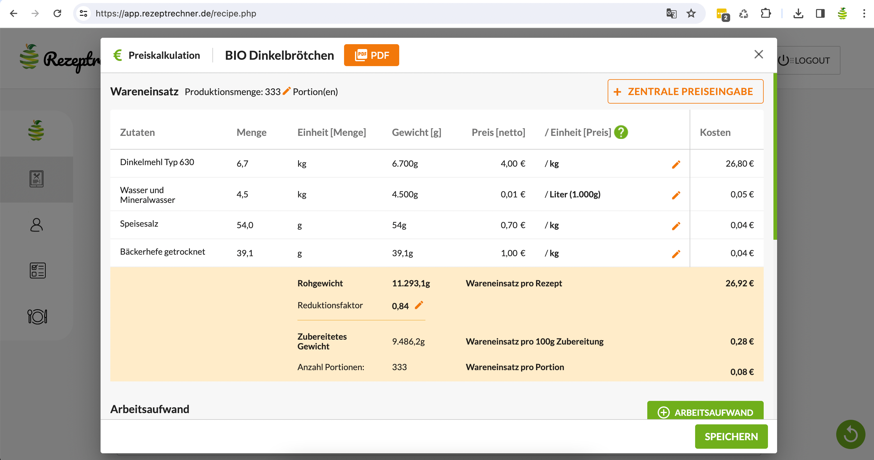 Kalkulation Gastronomie Online Rechner Rezeptrechner