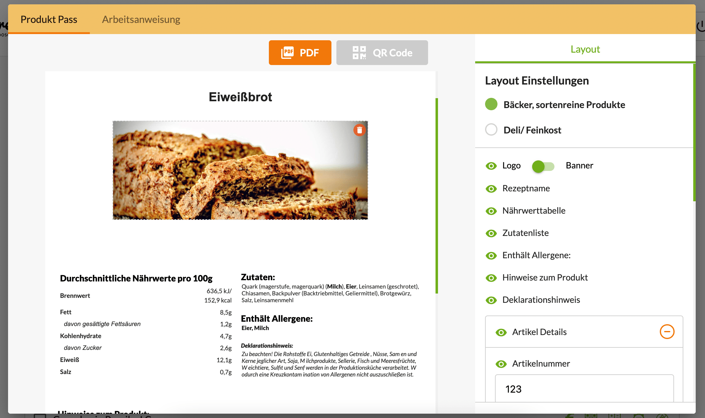 Produktspezifikation für Bäckerei mit Rezepte Software