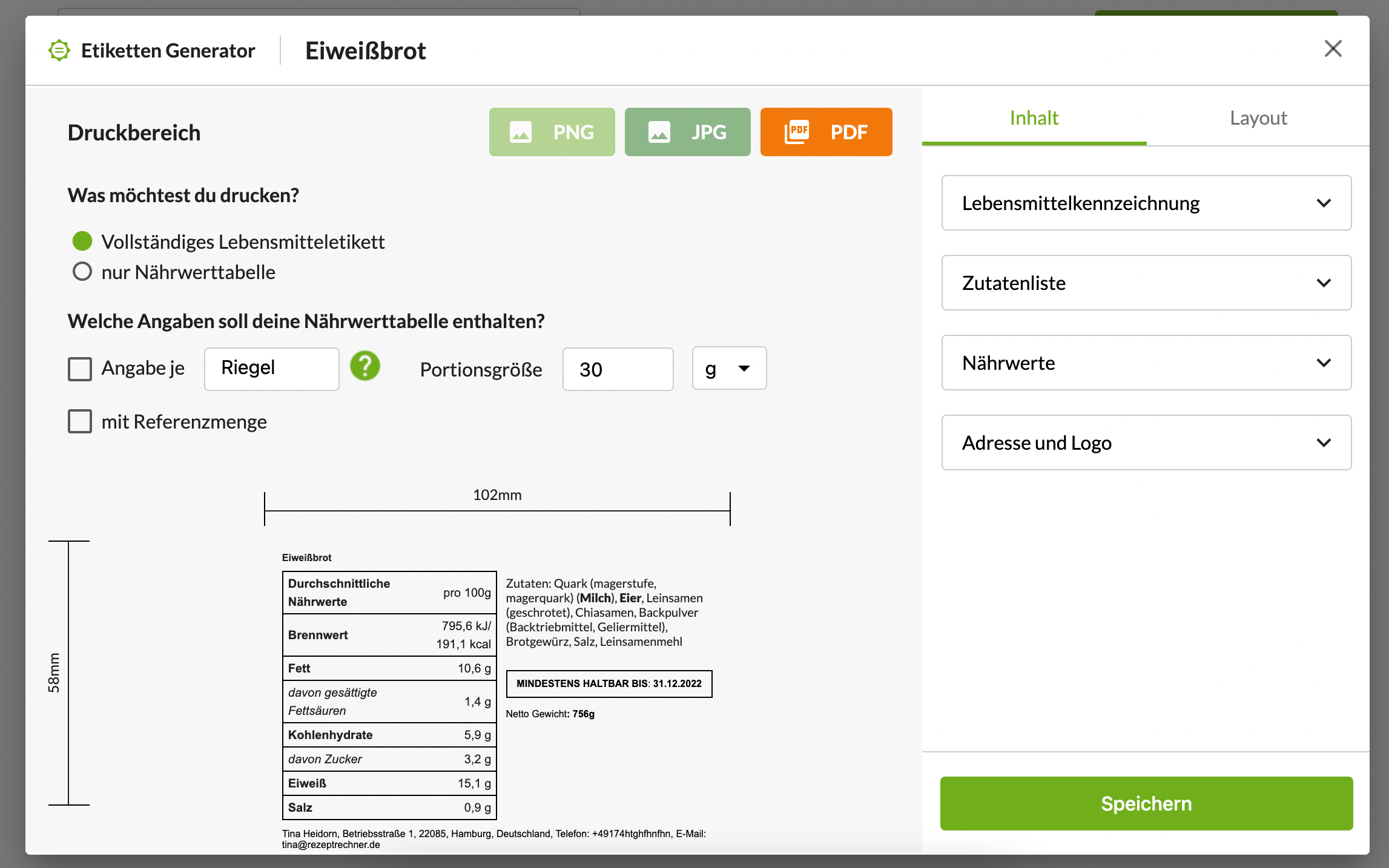 Etiketten Software vom Rezeptrechner