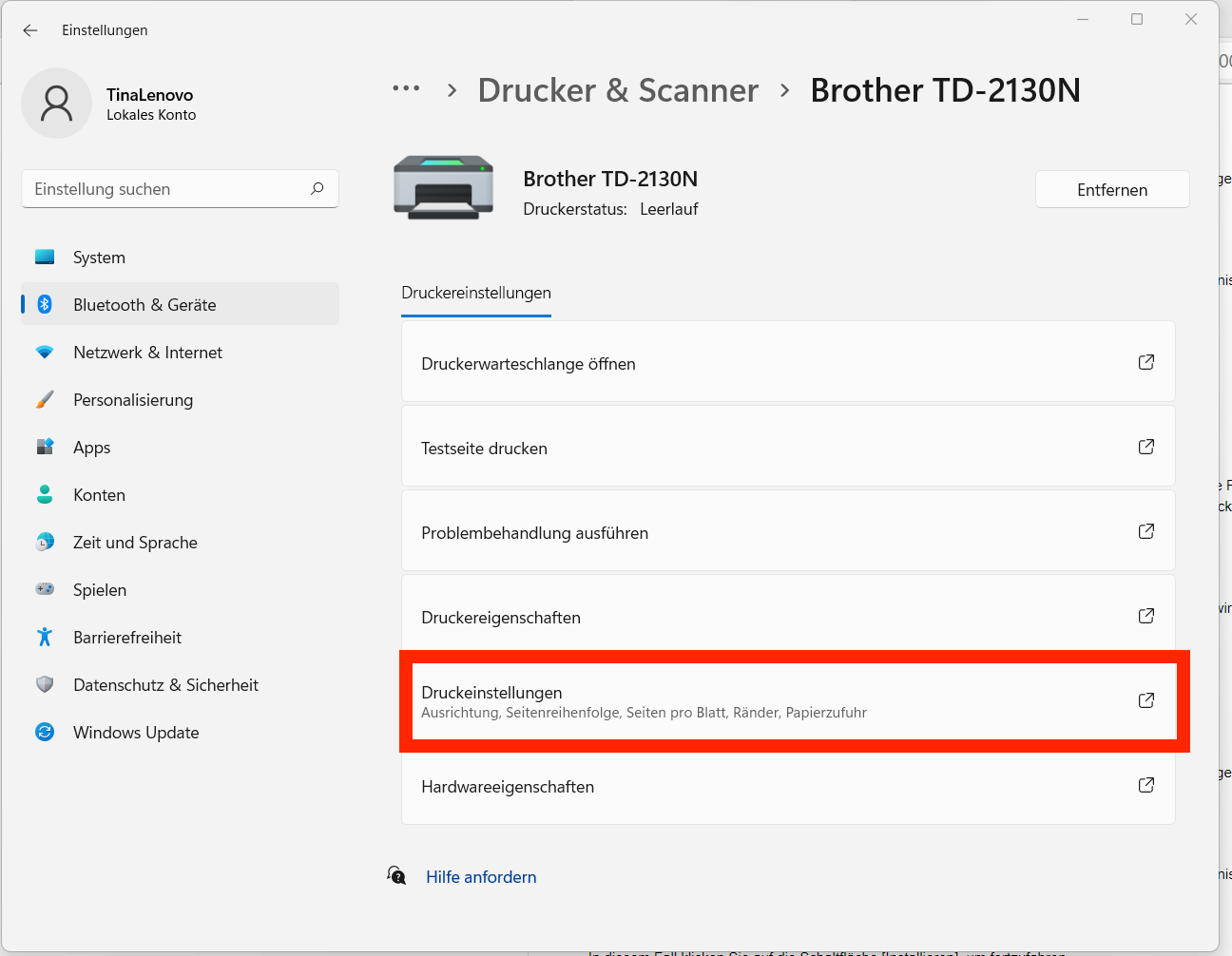Druckereinstellungen TD2130 Etiketten Drucker für Lebensmittel mit Anleitung