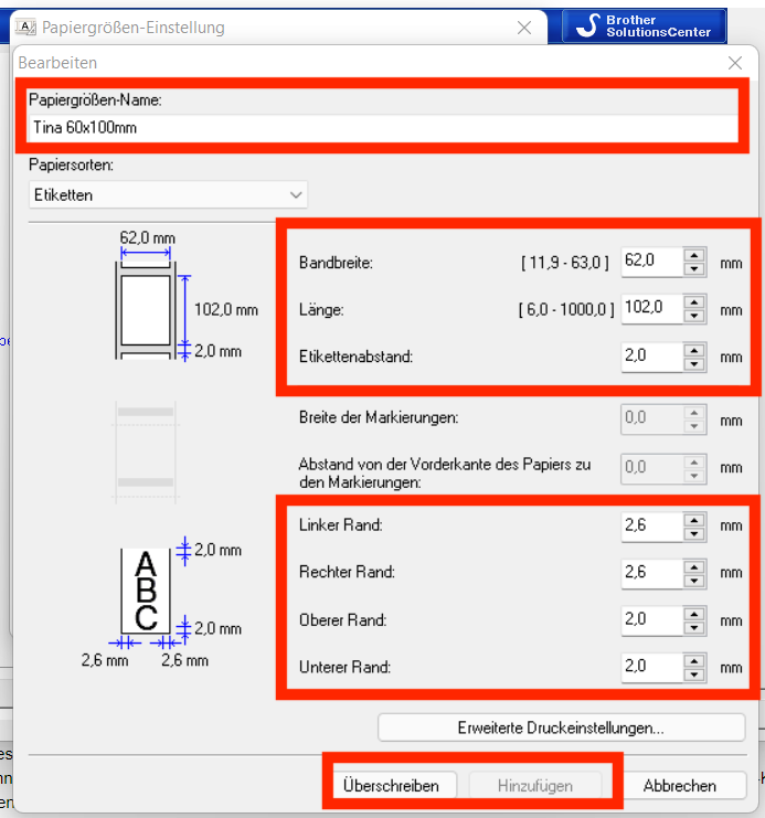 Papiergrößen 60x100mm Etiketten Etiketten drucker: Drucker Einstellungen für TD 2130