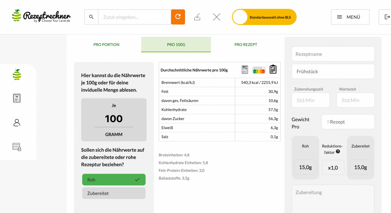 Lebensmittelkennzeichnung Tabelle