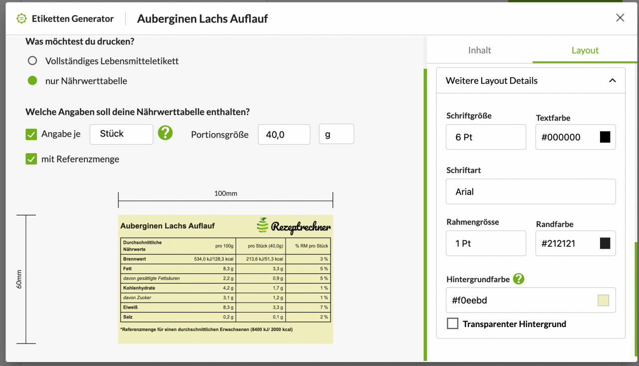 Lebensmittelkennzeichnung Tabelle