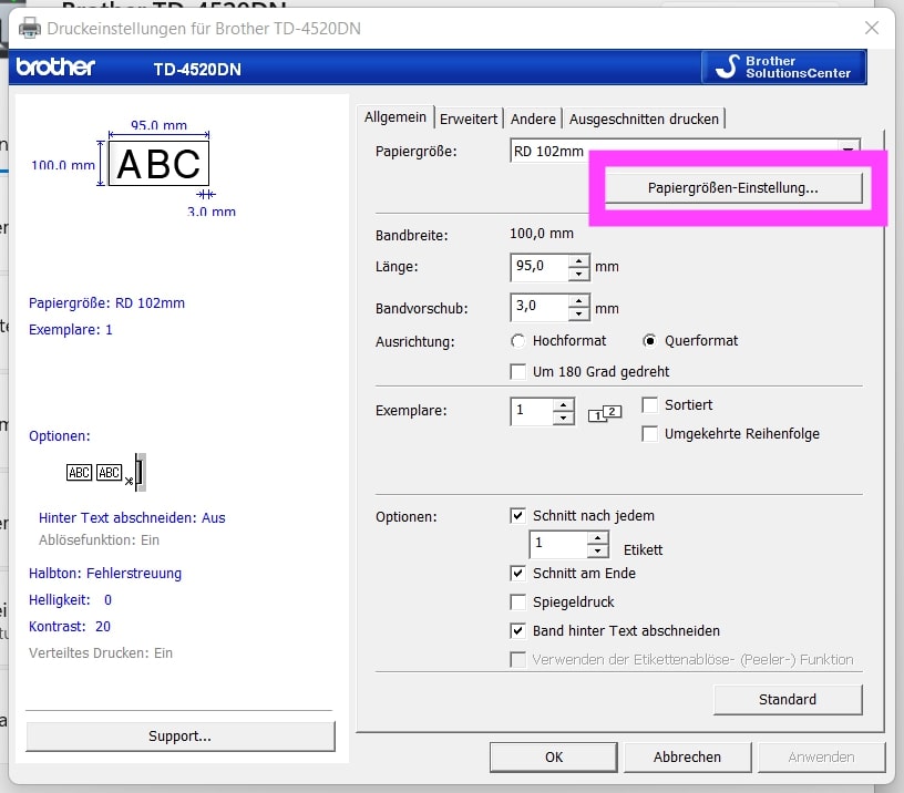 Brother Etiketten Einstellungen TD 4520