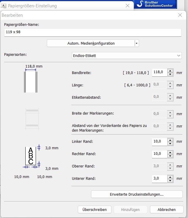 Etikettendrucker für Flaschen, Papiergröße