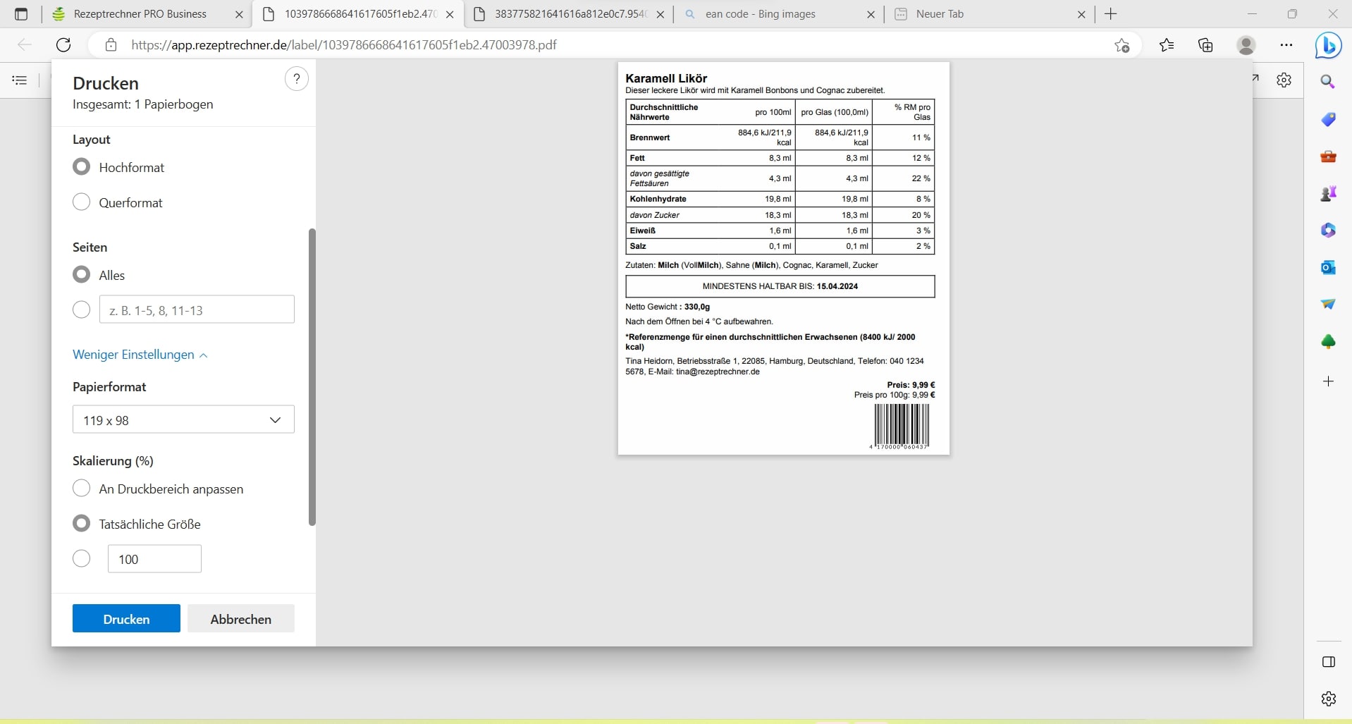 Etikettendrucker für Flaschen Etiketten PDf Vorlage