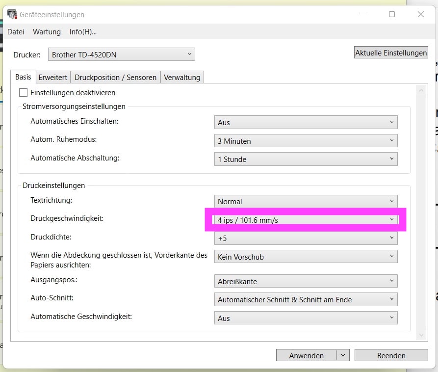 Brother Geräteeinstellungen Druckgeschwindigkeit