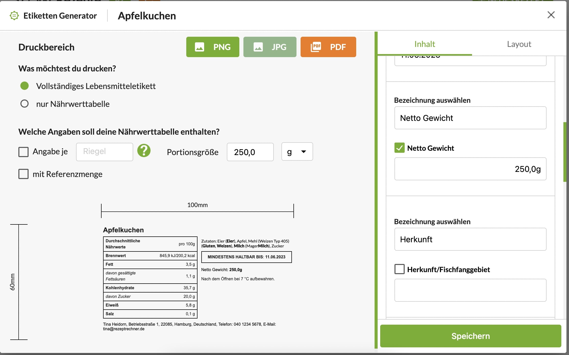 Lebensmittel Etikett erstellen mit Pflichtangaben