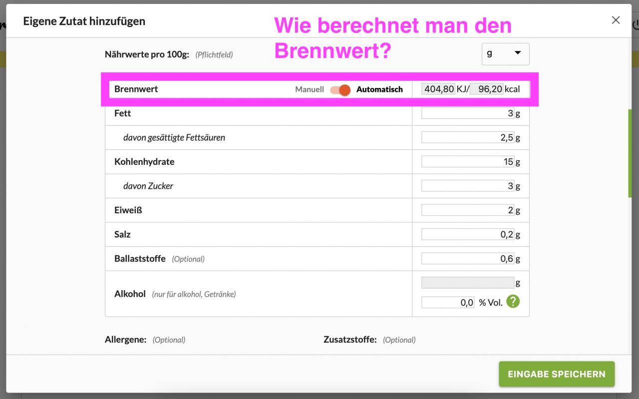 Wie berechnet man den Brennwert für Lebensmittel?